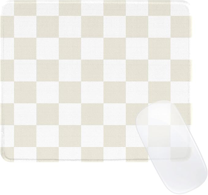 Cute Beige White Mouse Pad,Retro Checkered Pattern Mousepad,Square Aesthetic Plaid Waterproof Grid Mouse Mat Design, Non-Slip Rubber Base Computer Funny Boho Small Mouse Pads