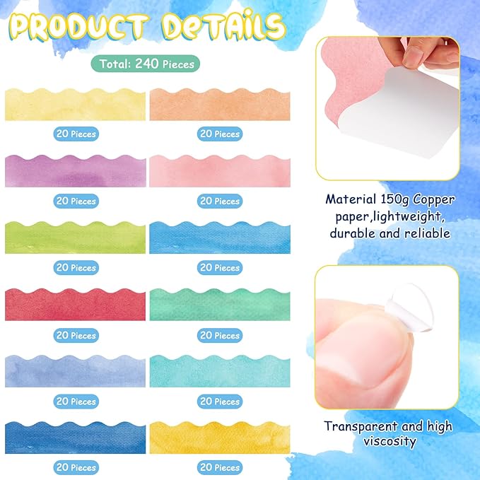 Containlol 236ft Watercolor Bulletin Board Decoration, Spring Classroom Bulletin Board Borders, Soft Scalloped Trim for Valentine School Office Poster Chalkboard Whiteboard Wall Decor