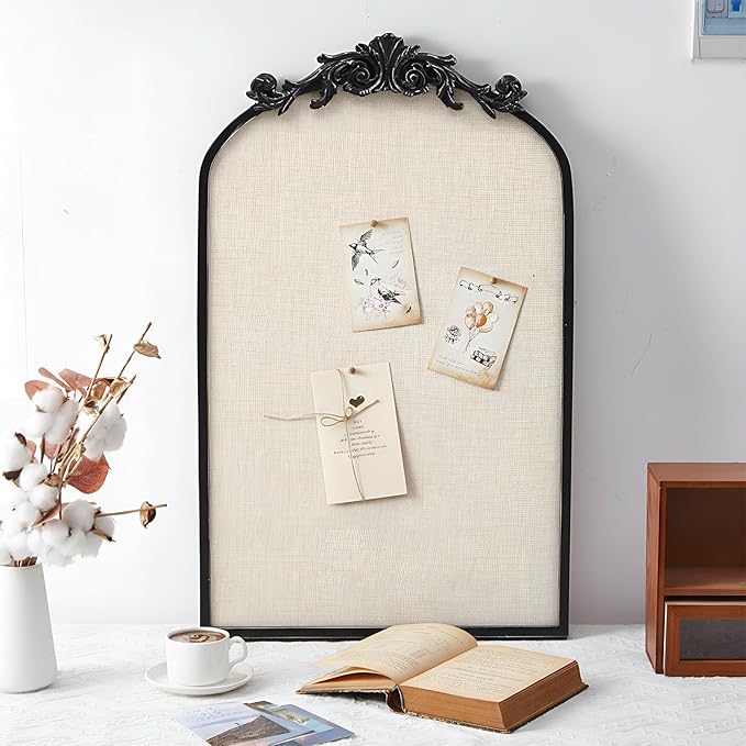 Vintage Framed Pin Board Linen Display Bulletin Board Large Ornate Fabric Picture Photo Pinboard Memo Decorative Prayer Pinboard Ornate for Wall Gift(Arch,19" X 31",Vintage Black)