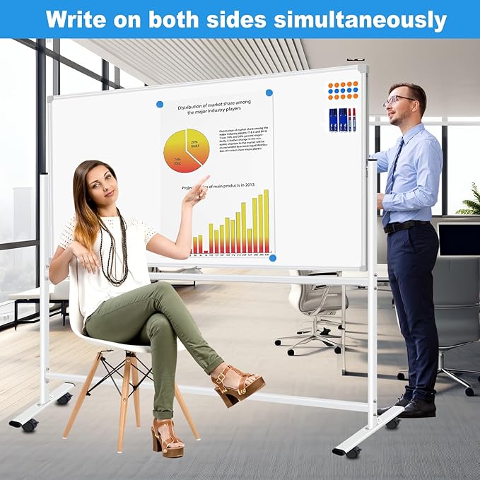 Double-Sided Rolling Whiteboard on Wheels 72"x40", Large Magnetic Mobile Whiteboard with Stands, 6' x 3' Portable Dry Erase Board with Stand Up White Board with 2 Eraser, 6 Markers, 20 Magnets