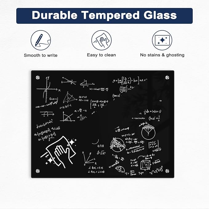 Magnetic Black Glass Dry Erase Board, 30" x 20", Frameless Wall Mount | Glass Whiteboard for Wall, Includes 1 Marker Tray and 6 Magnets, White Board for Office, Home, Classroom