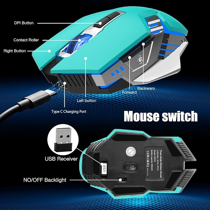 3-Mode RGB Silent Rechargeable Wireless Gaming Mouse Green | BT5.0/BT3.0+2.4G connection, RGB backlight & quiet click, for gaming office, compatible with Laptop, PC, Mac, iPad & Tablet
