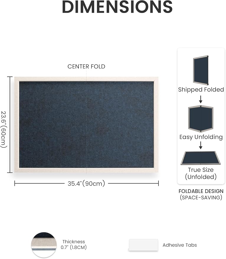 Fluxynara 35.4" x 23.6" Felt Frame Bulletin Board, Carbon Blue | Cork Board Alternative with 24 Removable Adhesive Tabs, Foldable Pin Board for Wall, Home, Office, Classroom & Dorm