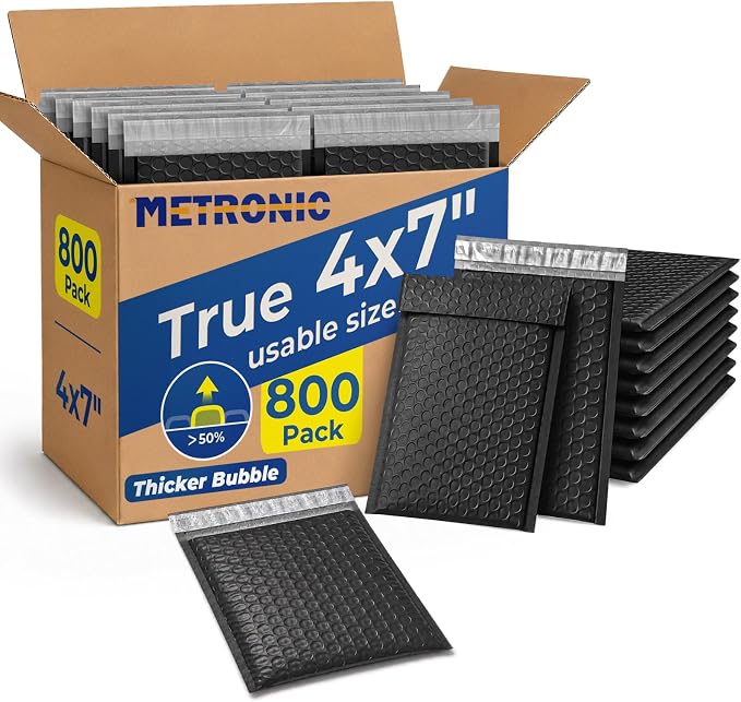 Metronic Bubble Mailers 4x8" 800Pack Padded Envelopes True 4x7" Usable Size | 50% Thicker 1/7" Bubble Self Seal Waterproof Bulk Bubble Envelopes for Trading Cards,Jewelry,Makeup,Small Business,#000,Black