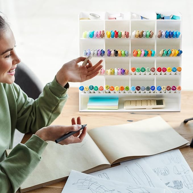 MotiMind Acrylic Pen Organizer Storage for 250 Markers Vertical Marker Organizer Acrylic Pen Display Holder for Office Desk Desktop Stationery Pencil Storage, White, 13 x 4 x 12.4 Inch