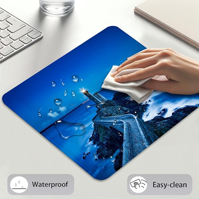Coastal Lighthouse Blue Ocean Scenery Mouse Pad, Cute Durable Desk Mat | Night Scenic Design, Mousepad Stitched, Anti-Slip Base Smooth Surface, 9.5 x 7.9 Inches