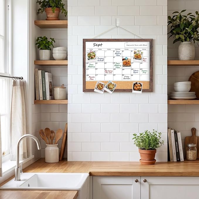 Dry Erase Calendar for Wall, 17x13 Hanging Whiteboard Calendar | Magnetic, With Cork Board, Hangable, Wooden Frame, Ideal for Dorm Room, Office, Kitchen, Bedroom, Home, School, Classroom