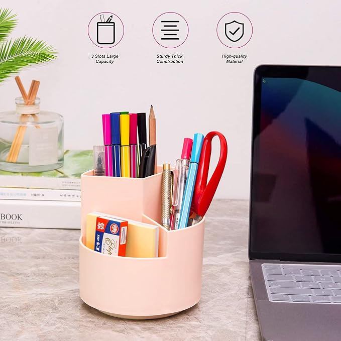 Siveit Desk Pencil Pen Holder, Desk Organizers 3 Slots 360-Degree Rotating Pen Holder for Desktop Storage Stationery Supplies Organizer, Home, Office, School, Kids, Peach Pink