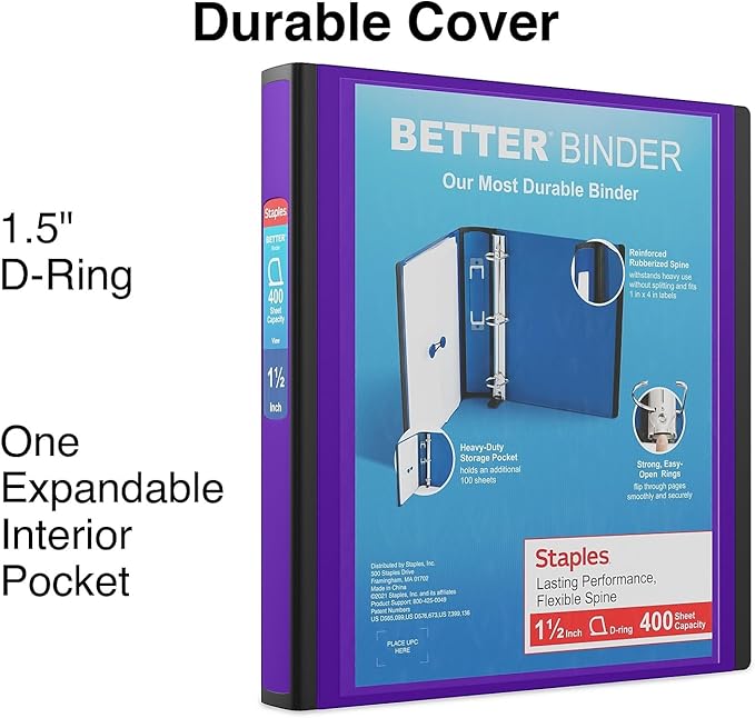 Staples Better 1.5-Inch 3-Ring Binder, Purple – Heavy-Duty Binder for School & Office Organization