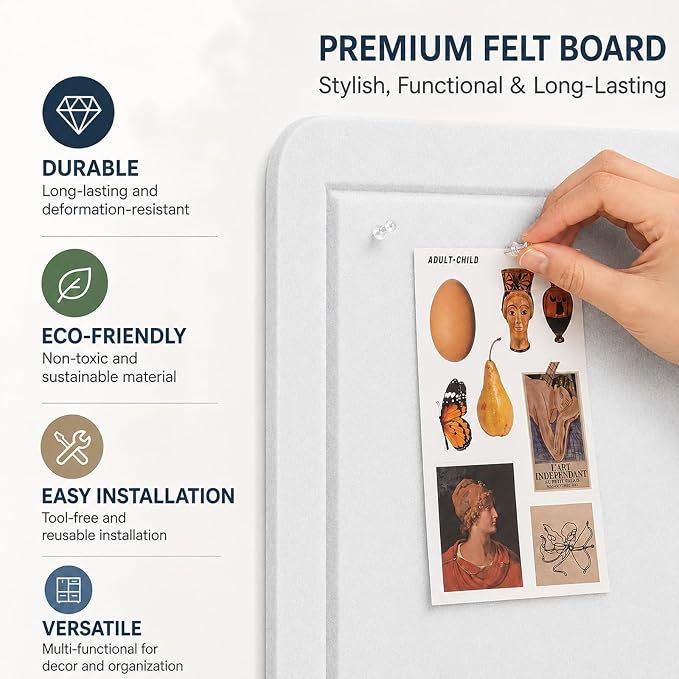 Felt Bulletin Board for Wall 24" x 18" Unfolded Size, Small Frameless Felt Pin Board, Soft Cork Board Alternative for Office, Home Planning, Notes, Photos & Wall Decor, Foldable Shipping, Easy Install