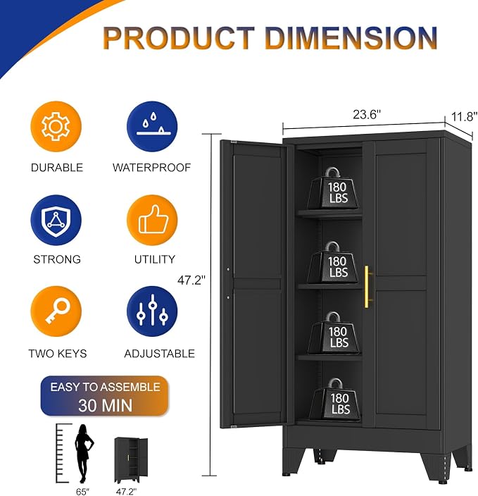 Metal Storage Cabinet with 2 Doors and 3 Adjustable Shelves - 47.2" Steel File Cabinet,Tool Cabinets for Office,Home,Garage,Gym,School,Bathroom,Kitchen(Black)