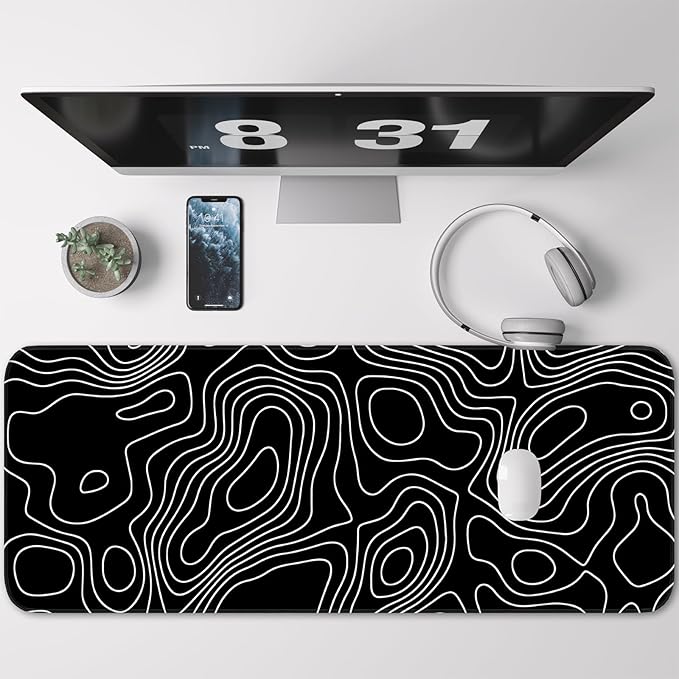 Gaming Mouse Pad, Non-Slip Rubber Base, Stitched Edge Mouse Pad for Office, Home, Black Terrain Line, Extra Large 31.5x11.8 Inch