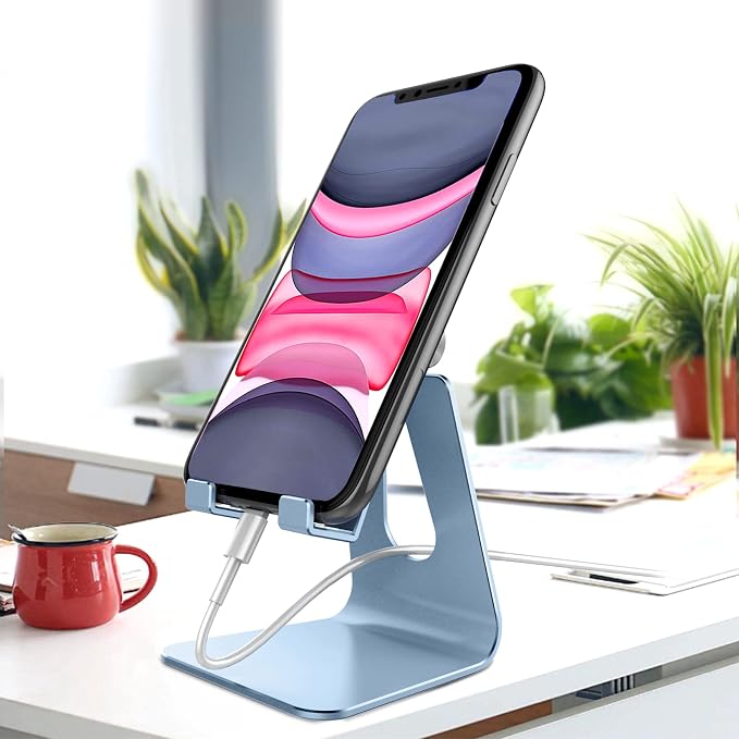 CreaDream Aluminum Cell Phone Stand, Adjustable Phone Holder for Desk | Adjustable Viewing Angle, Desktop Stand, Stable Base, Fits iPhone 17 16 15 14 13 Pro Max Desk Accessories, Sierra Blue