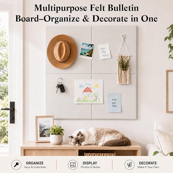 36" x 24" Decorative Bulletin Boards, Large Cork Board Alternative | 30 Pushpins, 30 Adhesive Tabs, Solid-Tile 6-Pack Felt Wall Tiles, Cork Boards for Office Push Pin Board Felt Board, Oatmeal