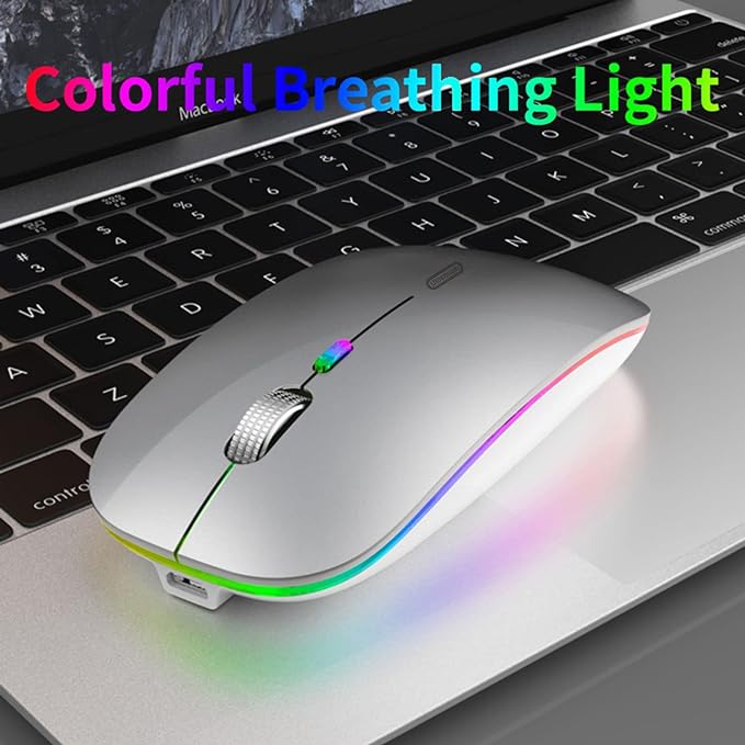 Uiosmuph LED Wireless Mouse, G12 Slim Rechargeable Silent Mouse, 2.4G Portable USB Optical Wireless Computer Mice with USB Receiver and Type C Adapter (Silver)