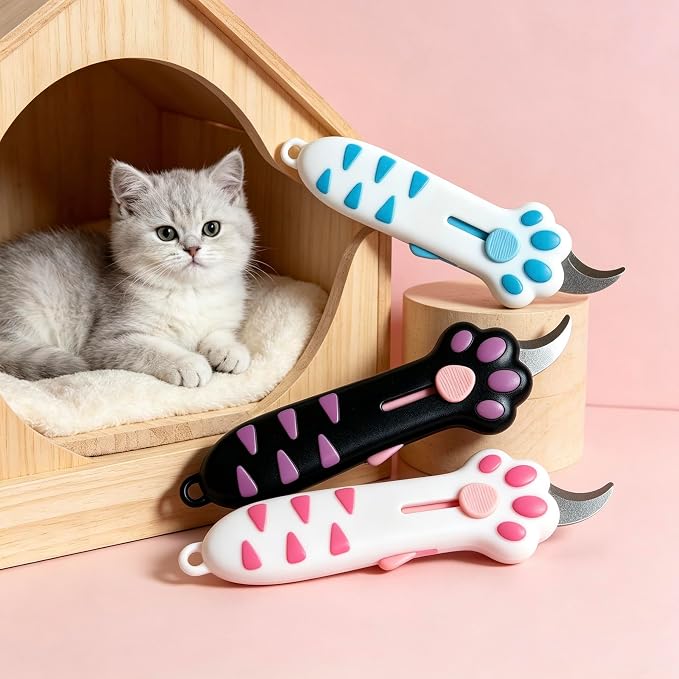 Cat Paw Box Cutter 3-Piece Set, Retractable Cat Claw Knife with Cute Paw Handle, Portable Utility Box Opener for Home Office Package Carton & Tape Cutting