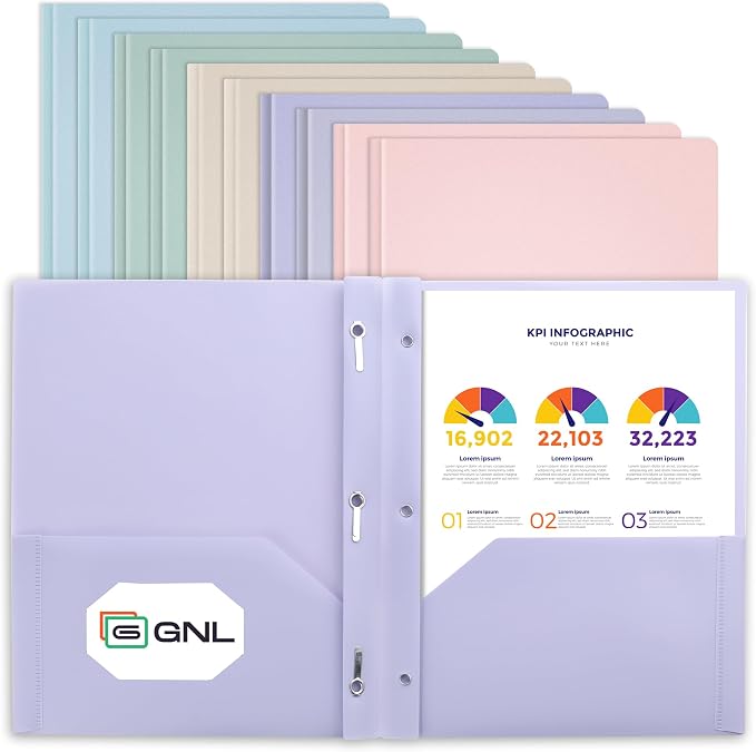 GNL Plastic Folders with Pockets and Prong, Pack of 10, Muted Pastel Colors, Heavy Duty 2 Pocket File Folders Letter Size, Folders with Prongs for School, Home, and Office