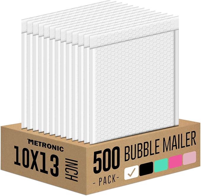 Metronic Bubble Mailer Bulk 10x13" White 500Pack Waterproof Padded Envelopes Self Seal Large Bubble Mailers Cushioning Bubble Envelopes for Shipping,Books,Jewelry Makeup Supplies