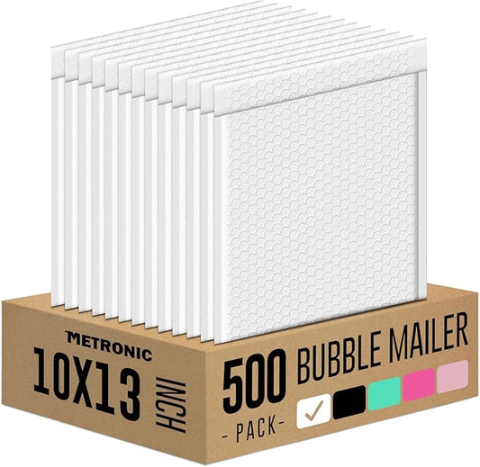 Metronic Bubble Mailer Bulk 10x13" White 500Pack Waterproof Padded Envelopes Self Seal Large Bubble Mailers Cushioning Bubble Envelopes for Shipping,Books,Jewelry Makeup Supplies