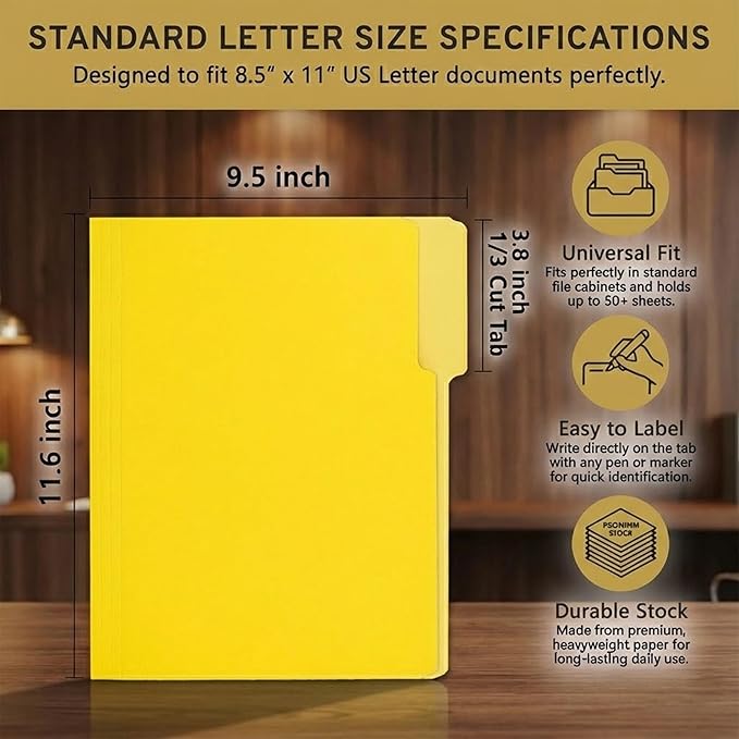 100 Packs Yellow File Folder,1/3-Cut Tabs,Paper File Folders Letter Size,8.5x11 Inch Manilla File Folders for Office Filing,School Projects and Home,Folders for Documents