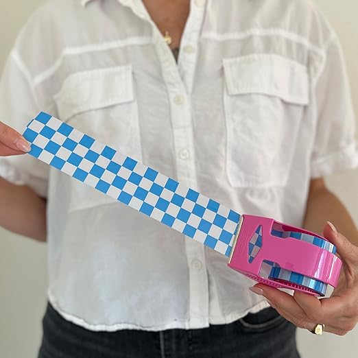 Decorative Packing Tape with Pink Dispenser – Checkered Cream & Blue, 1.88" x 22.2 Yards – Cute Printed Shipping Tape for Gifts, Small Business Essentials, and Mailers