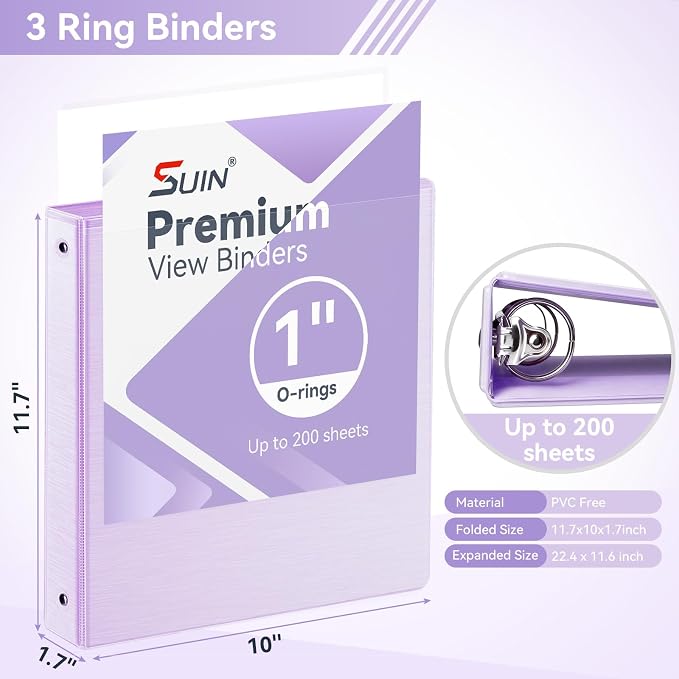 SUIN 1 Inch 3 Ring Binder, Clear 1'' View Presentation Binders with 2 Pockets, Fits 8.5 x 11 Letter Size, Durable Polypropylene, Non-Stick & PVC-Free for School, Office & Home (Brushed Lavender)