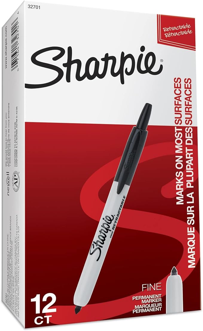 Sharpie Retractable Permanent Markers, Fine Tip, Black, 12 Count - Desk, Classroom, Office Supplies