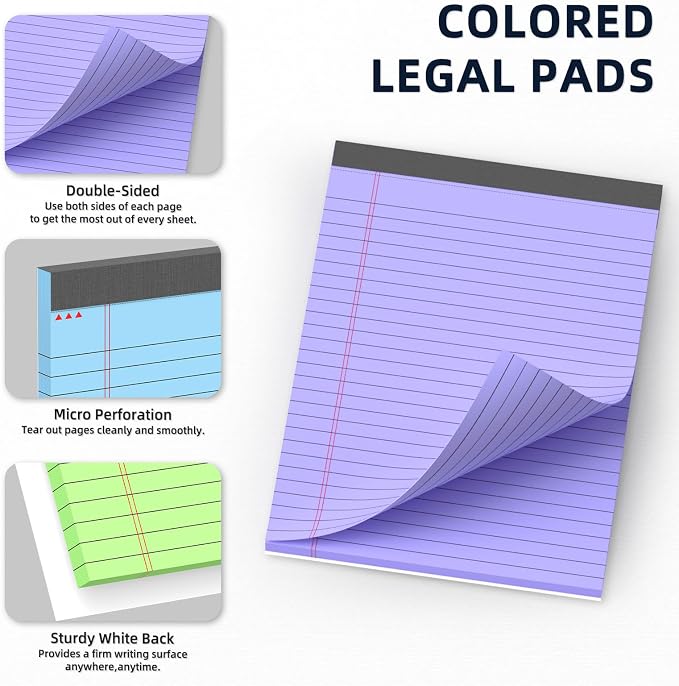 Colored Legal Pads 8.5 x 11, 3 Pack Notepads 8.5 x 11 Wide Ruled Note Pads | Micro Perforated Writing Pads 8.5 * 11 with Sturdy White Back, 30 Sheet/Notepad, Lined Paper for Home School Office Supplies