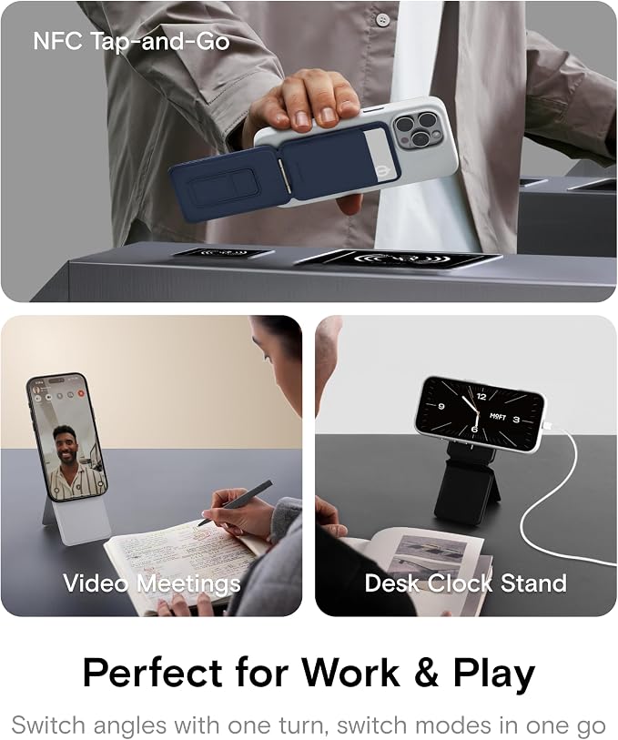 MOFT Phone Tripod Stand & Wallet, NFC Card Holder, Hold 1-2 Cards | Mulit-Angles | Portable l MOVAS Leather | Magsafe Compatible | Easy to Charge | Travel Essential |For Content Creators