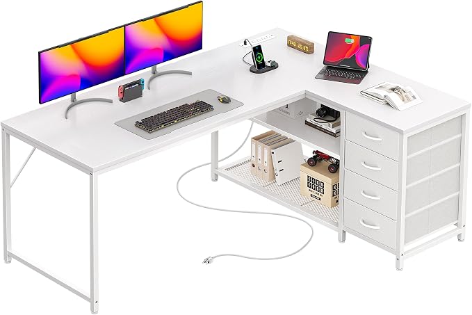 53" L Shaped Desk with Power Outlets & 4 Drawers | Reversible Computer Desk with 2 Storage Shelves, Large Corner Office Desk for Gaming Writing Work Study, White