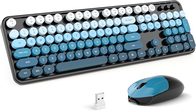 MOFII Wireless Keyboard and Mouse Combo, Retro Full Size Typewriter Keyboard with Number Pad and Sport Car Mouse for PC Computer Desktop Laptop Windows (Black Blue)