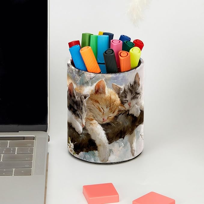 Leather Pen Holder for Desk, Sleeping Cat Pencil Cup Pen Organizer Makeup Brush Holder for Office Home Kids Countertop Desk Accessory Storage