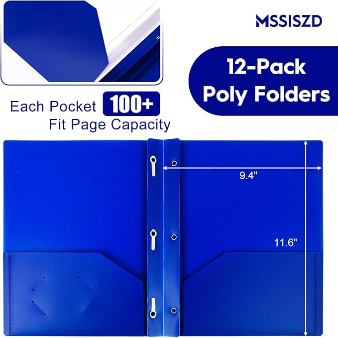 24-Pack Plastic Folders with Pockets and Prongs,2-Pocket Folders with 3 Fasteners, Holds 8-1/2" x 11" Paper for School/Office/Home, Blue