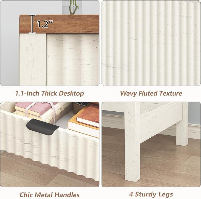 32 Inch Small Fluted Computer Desk with 2 Drawers for Bedroom, Home Office | Small Computer Desk with Storage, Compact Writing Study Desk for Small Spaces, Brown & White