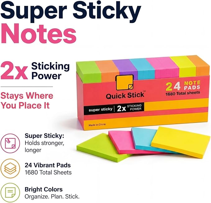 Sticky Notes, 24 Pads, 1680 Sheets Total, 3x3 in Bright Neon Colors, 2X Super Sticky Self-Stick Note Pads for Office, School, Home, Bulk Pack 70 Sheets Per Pad, Strong Hold Memo Notes