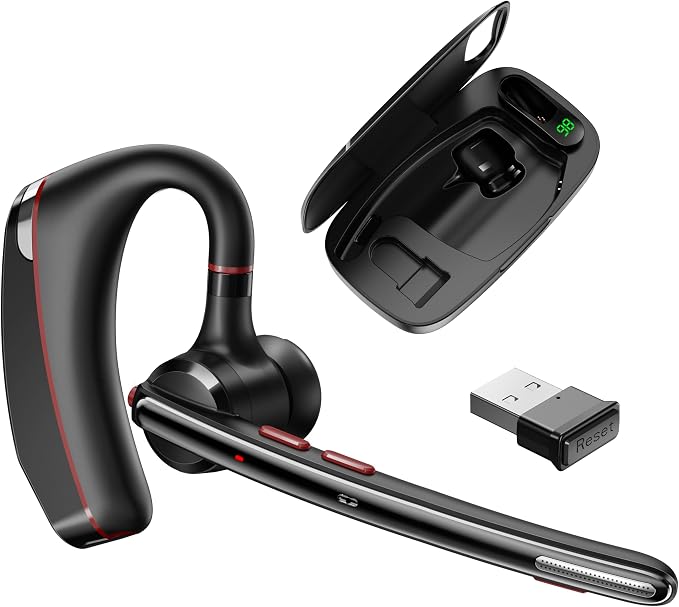 Bluetooth Headset V5.3, Wireless Headset with Dual Noise-Canceling Microphones, Portable Charging Case, 300H Standby Time, Hands Free Headphones for PC Cell Phones, Trucker Office Work (Red)