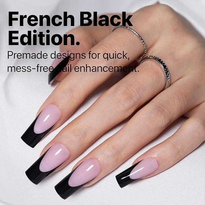 SXC Cosmetics French Tip Press On Nails 150 Pieces in 15 Sizes Ultra Fit with Pre-applied Tip Primer and Base Coat, No Need to File Fake Nails for Nail Art DIY X-Pro Tips (BLACK117-M Square)