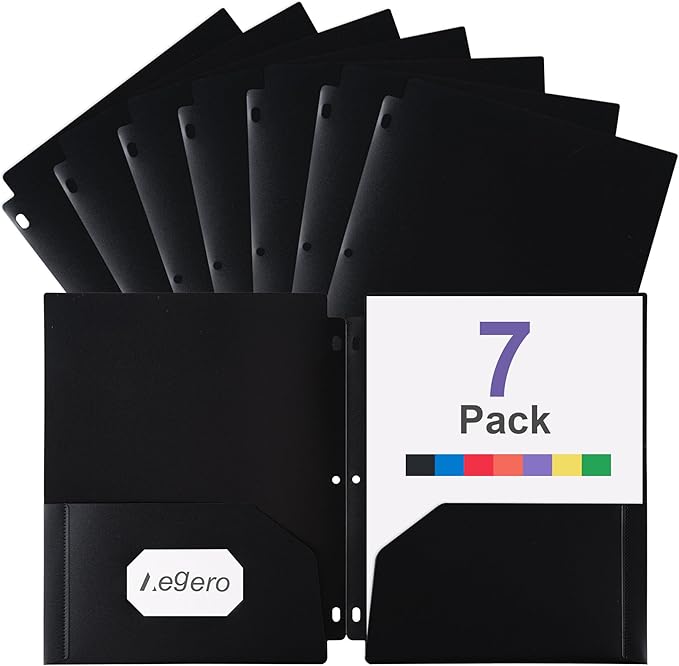 Plastic 3 Hole Punch Folders with Pockets (7 Pack, Black), Fits 3-Ring Binder, Divider Folder for Notebook, Durable Poly，Holds US Standard 8.5x11 Letter Size Paper