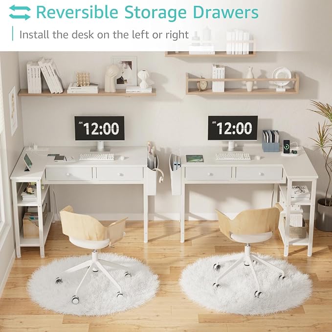 DLisiting Small White L Shaped Desk with Drawers & Storage Shelves, 40 Inch Corner Desk with Power Outlet for Small Space Home Office, Study Work PC Desks for Bedroom