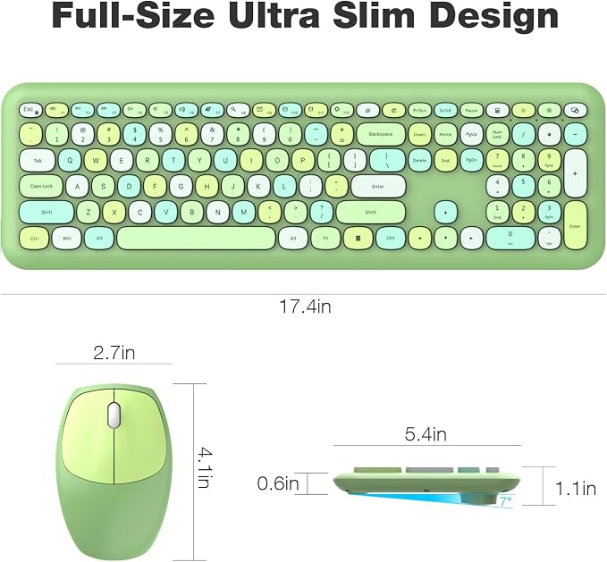 MOFII Wireless Keyboard and Mouse Combo, Colorful Full Size Keyboard with Number Pad, Silent Cute Wireless Mouse, 2.4GHz Dropout-Free Connection, for PC Laptop Computer (Green Color)