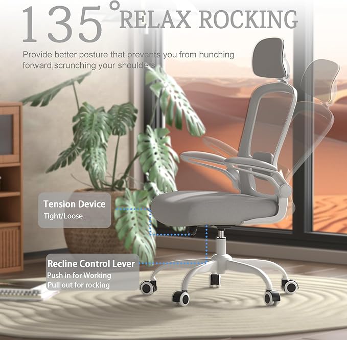 Mimoglad Office Chair, High Back Ergonomic Desk Chair with Adjustable Lumbar Support and Headrest, with flip-up Armrests for Guitar Playing, 5 Years Warranty (Moon Grey)