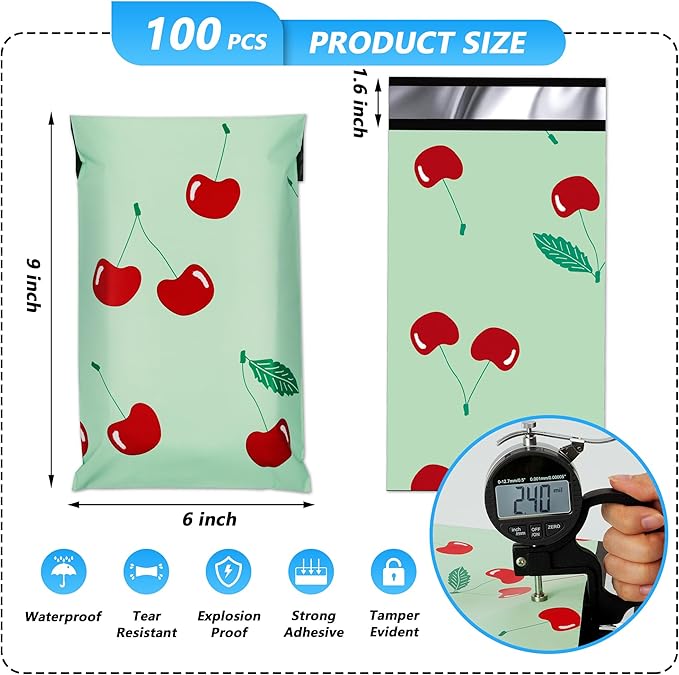 Cherry Printed Poly Mailer 6x9 Inch 100 Pcs, Waterproof and Tear-Resistant Shipping Bags for Clothing, Strong Mailing Bags with Self-Seal, Cute Mailer Bags for Small Business