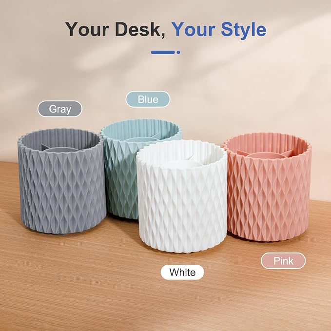 Pencil Holder - 360° Rotation, 5 Slot Desk Supplies For Women Office Aesthetic. Pen Holder For Office&School, Desk Accessories(Blue)