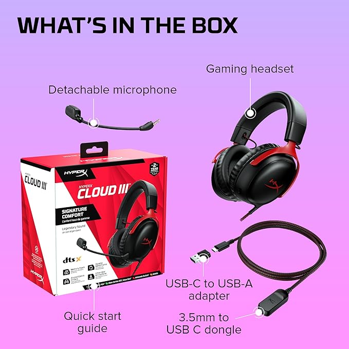 HyperX Cloud III – Wired Gaming Headset,PC,PS5,Xbox Series X|S,Angled 53mm Drivers,DTS Spatial Audio,Memory Foam,Durable Frame,Ultra-Clear 10mm Mic,USB-C,USB-A,3.5mm – Black/Red,(Pack of 10)