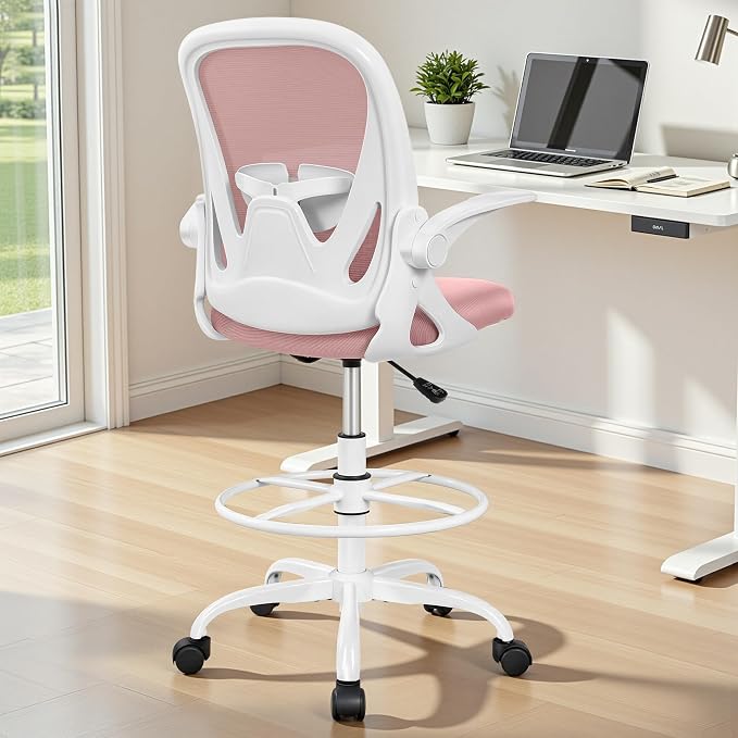 Drafting Chair Tall Office Chair with Flip-up Armrests Executive Ergonomic Computer Standing Desk Chair with Lumbar Support and Adjustable Footrest Ring (Rose Quartz)