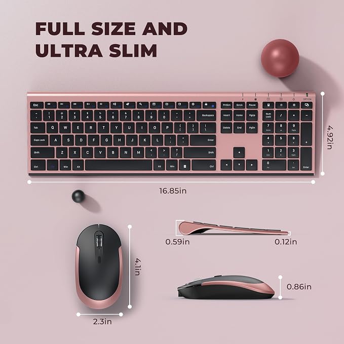 Vssoplor Wireless Keyboard and Mouse, Rechargeable Ultra Slim, Rose Gold | Quiet Full-Size Keyboard and Mouse Combo Set, for Laptop, PC, Notebook, Desktop, 2.4GHz Stable Connection, Ideal for Office