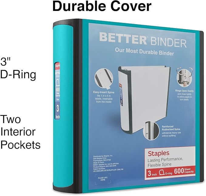 Staples 3-Inch 3-Ring Better Binder, Durable View Binder for Office & School Organization, Light Blue, 2-Pack