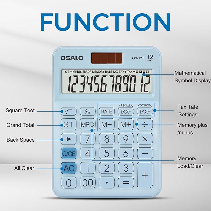 Pendancy Blue Small Calculator, 12-Digit LCD, Big Buttons, Dual Power | Pocket Desk Calculator for School and Office, Large Display, Solar & Battery, 30° Tilt, Tax, GT/MU, Symbols, 8-Min Auto-Off