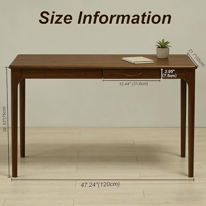 47" Solid Wood Desk with Drawers, Small Home Office Writing Wooden Desk, Gaming & Computer Desk for Bedroom, Work Study Table for Small Space(Walnut,47 Inch)