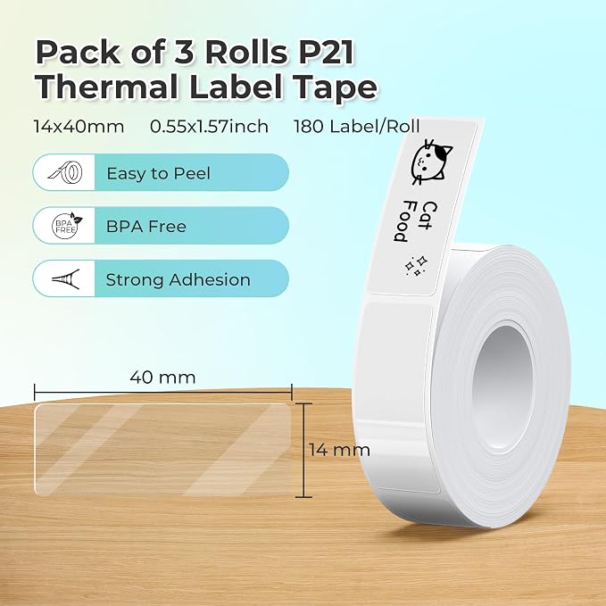 NELKO Genuine P21 Label Maker Tape,14x40mm, 3-Roll, Transparent | Easy to Peel, BPA-Free, Strong Adhesion, Water-Resistant & Oil-Proof, Great for School, Office, Home, Kitchen, Black on White